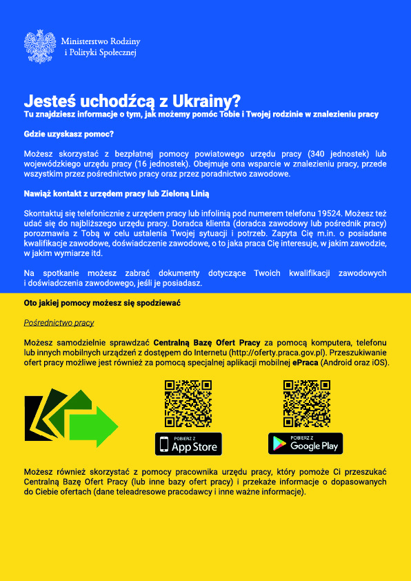 Dwukolorowy plakat z ofertą pomocy oferowanej uchodźcą z Ukrainy dostępnej w Powiatowym Urzędzie Pracy w języku polskim