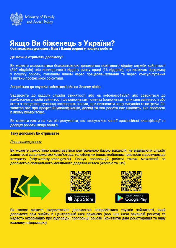 Dwukolorowy plakat z ofertą pomocy oferowanej uchodźcą z Ukrainy dostępnej w Powiatowym Urzędzie Pracy w języku ukraińskim