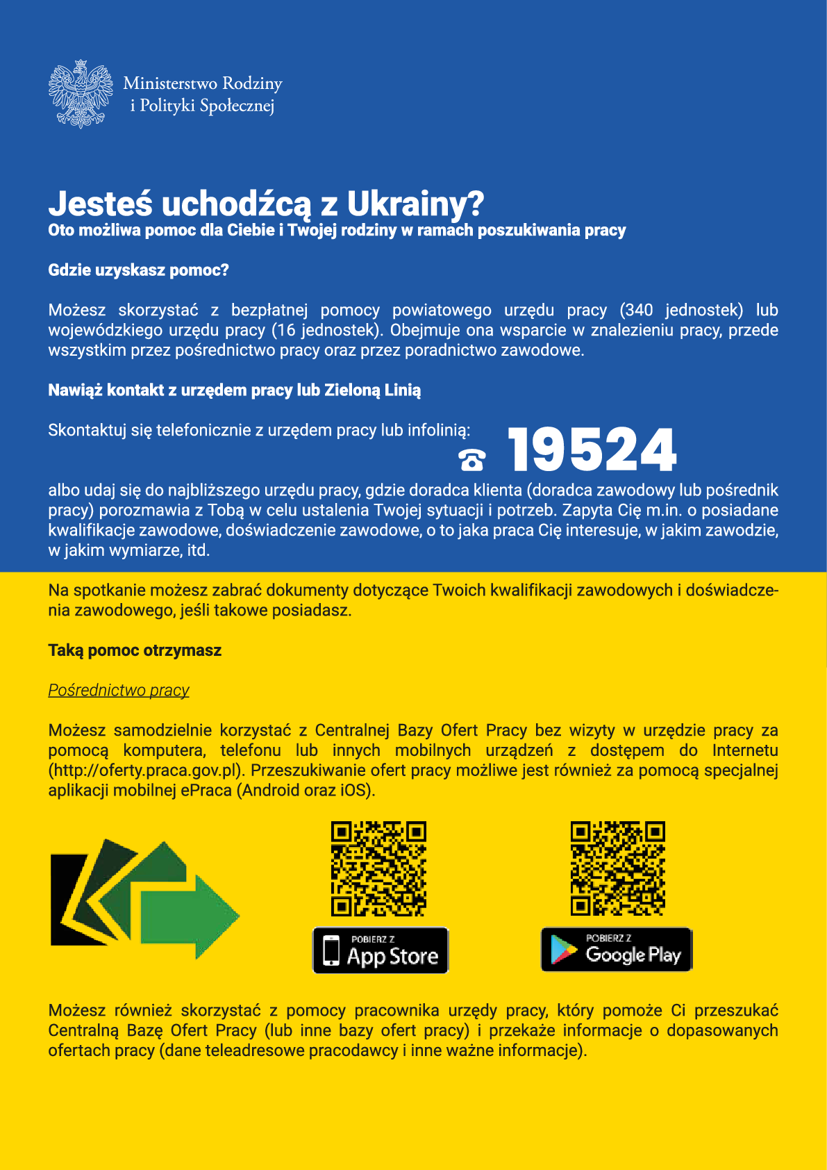 Dwukolorowy plakat z ofertą pomocy oferowanej uchodźcą z Ukrainy dostępnej w Powiatowym Urzędzie Pracy w języku polskim
