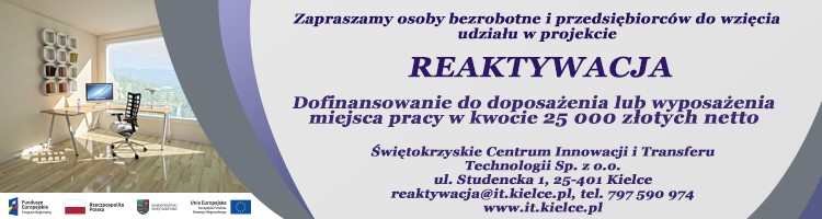 Logo zaproszenia do projektu Reaktywacja promujące dofinansowanie do doposażenia lub wyposażenia miejsca pracy.