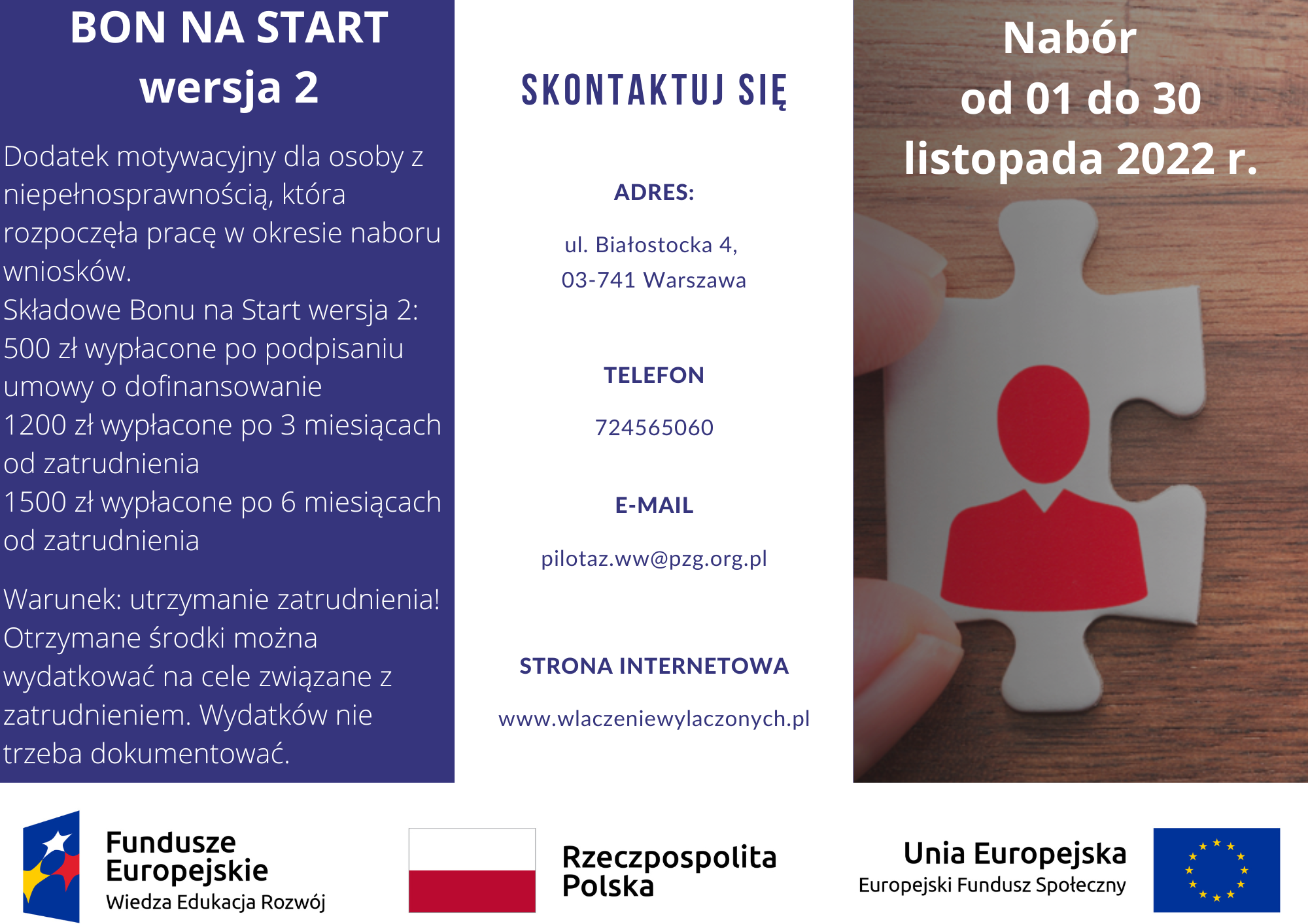 Ulotka zawierająca szczegółowe informacje odnośnie bonu na start dla osób niepełnosprawnych