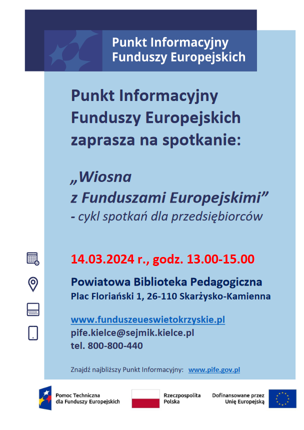 Plakat informacyjny odnośnie punkt informacyjnego Funduszy Europejskich w Skarżysku-Kamiennej.