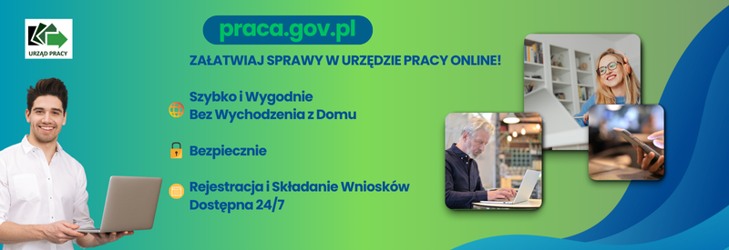 Plakat informacyjny, zachęcający do korzystania z usług PUP przez internet.